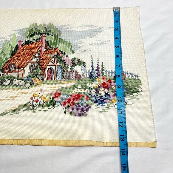 Vintage Handmade Cross Stitch Cottage Landscape Scene 18"x14" Unframed - Picture 10 of 10